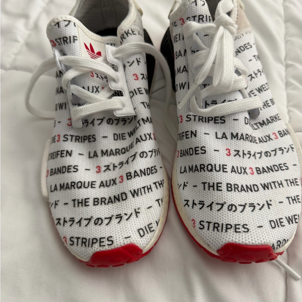 adidas White Knit Kids Sneakers with Red Accents and Black Print